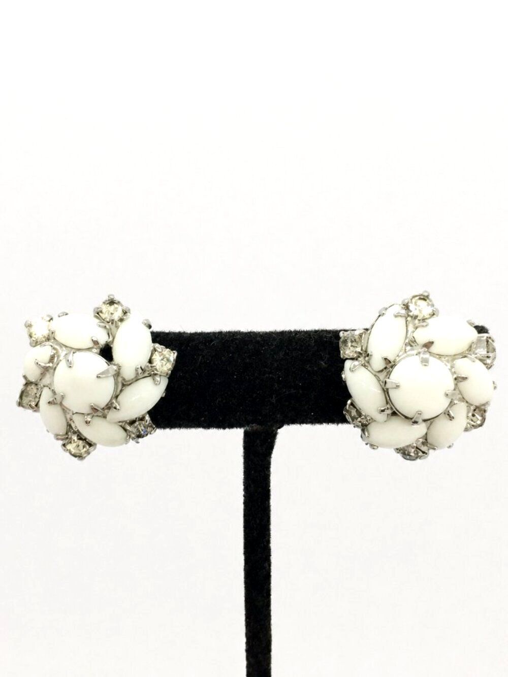 Vintage Milk Glass Earrings Rhinestone Cluster White Floral Bridal Clip On